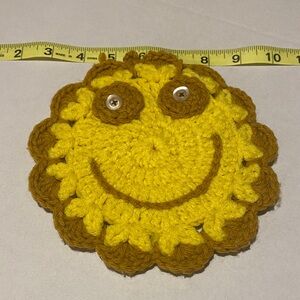 Handmade Crocheted Smiley Sun Coaster - Yellow & Mustard